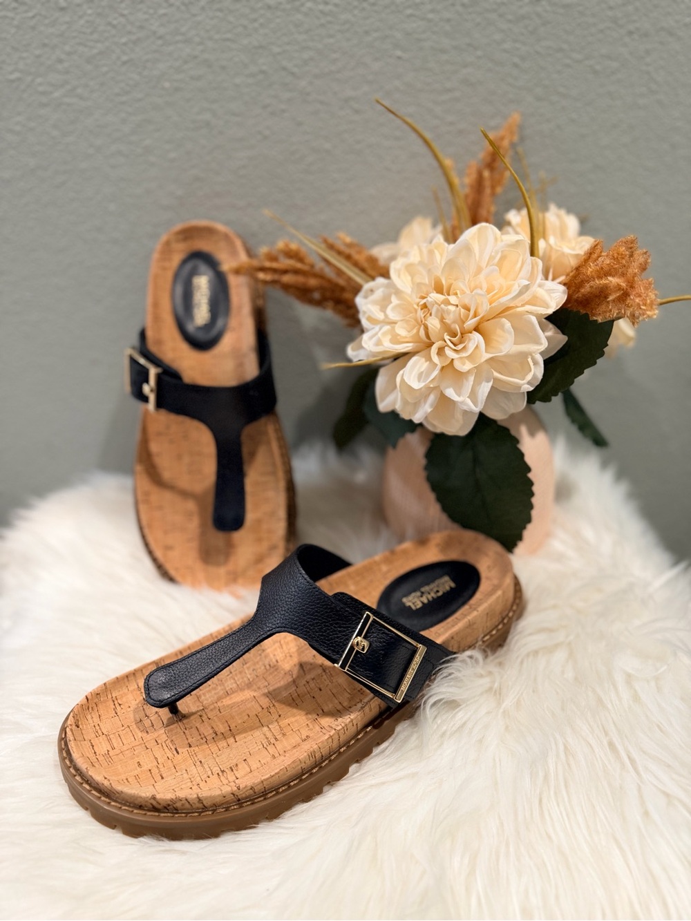 Michael Kors Easten Black Cork-Style Thong Sandals